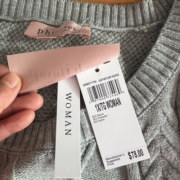 Philosophy Womens Plus Sz 1X Cable Knit Crewneck Sweater Light Mist Grey Heather - Picture 7 of 11
